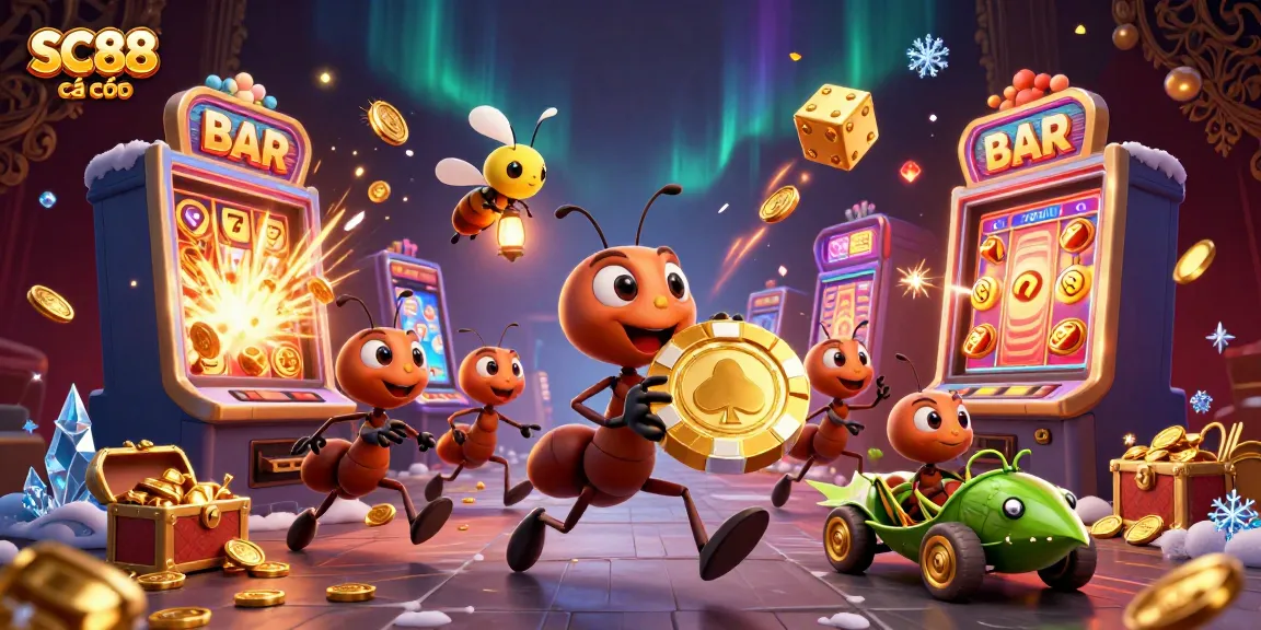 SC88 cá cược scene of animated ants heisting a giant poker chip surrounded by jackpot-winning elements.