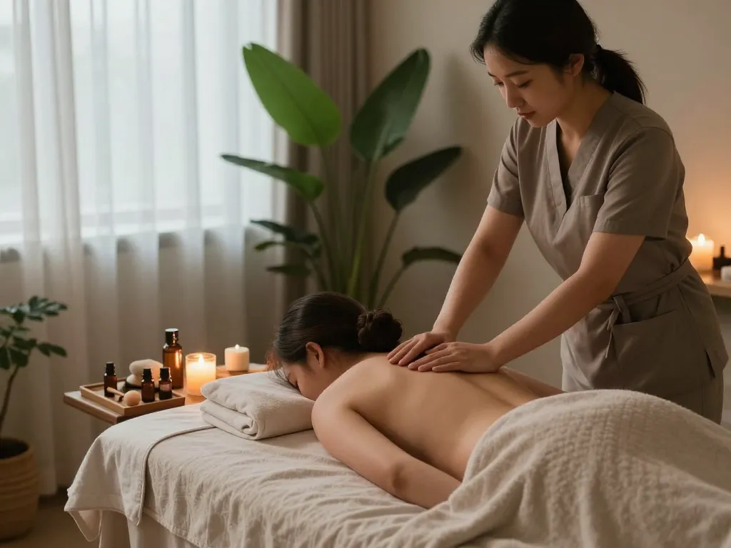 Relaxing 신사동마사지 scene in a serene spa environment