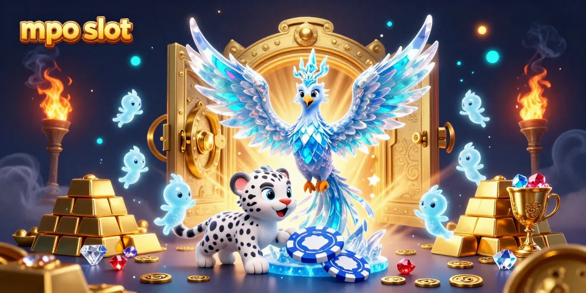 Spin the reels of mpo slot in a vibrant 3D illustration with sparkling treasures, a phoenix, and playful characters.