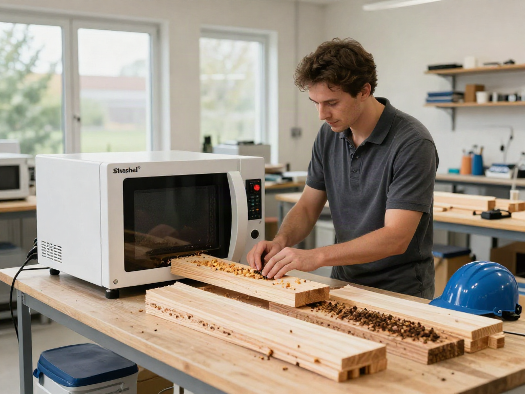 Shashel® expert demonstrating advanced microwave technology for woodworm elimination in a bright workshop.