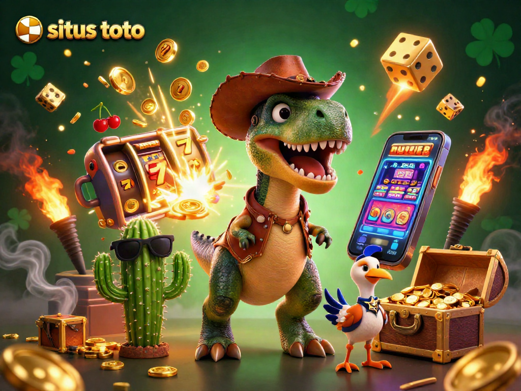 Engage in situs toto gaming excitement with 3D illustrated T-Rex, slot machine, and jackpot treasures.