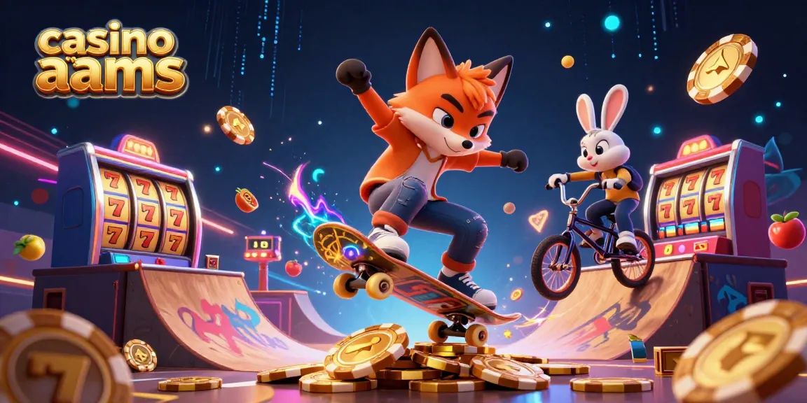 Gioca ai casino non AAMS con un'illustrazione vivace di una volpe skateboardista e un coniglio BMX in un mondo di slot machine.