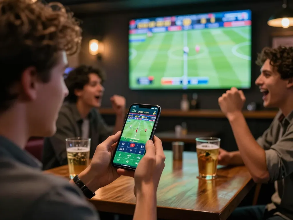 Person using mobile app for siti scommesse stranieri legali while watching a live sports game, lively atmosphere with friends around.