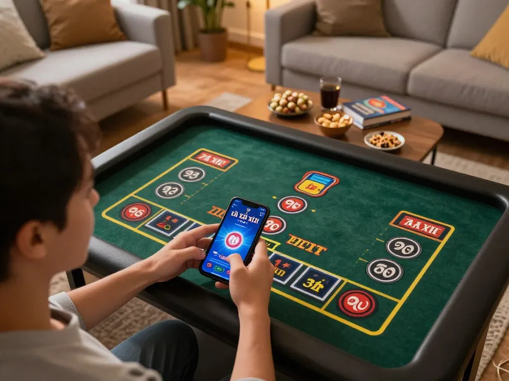 Exciting moment using app tài xỉu online uy tín on smartphone in a stylish home setting, showcasing virtual gaming.