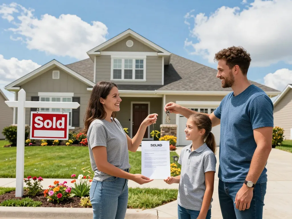 We buy houses deal finalized with families exchanging keys in vibrant suburban neighborhood