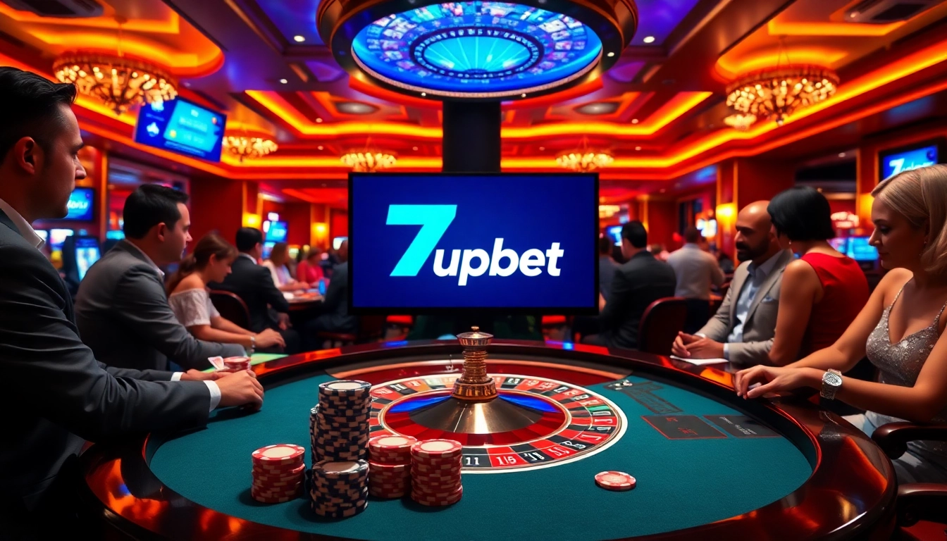 Players enjoying games at a luxurious casino featuring the 7upbet logo on digital screens.