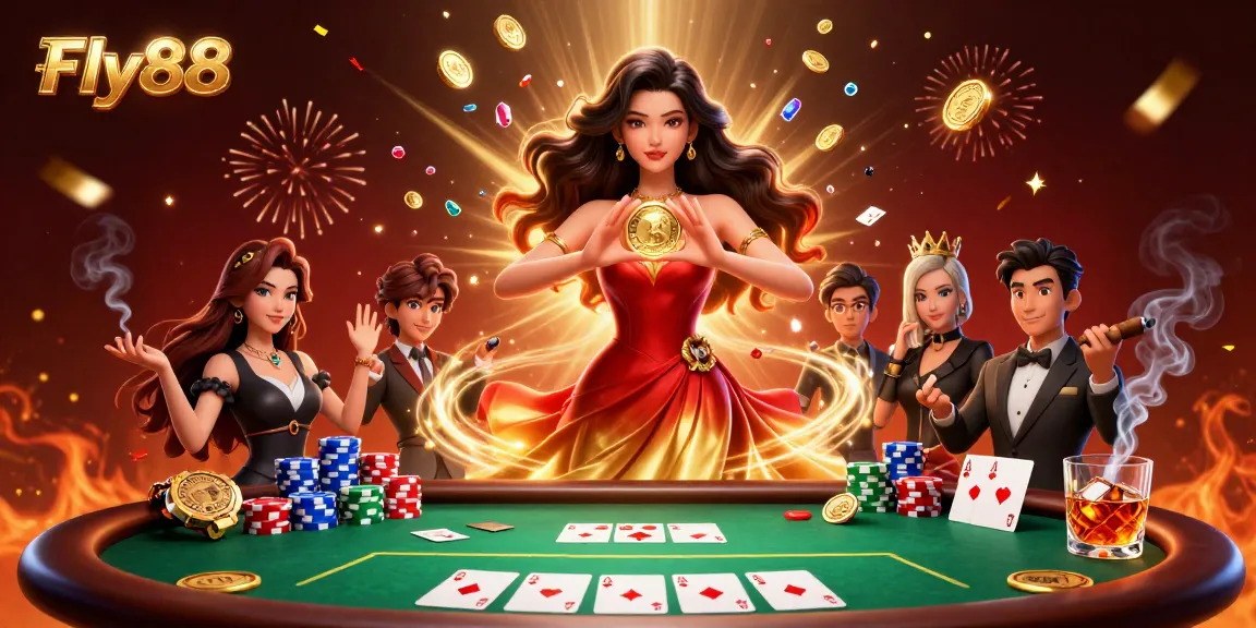 Engage with Fly88 in an exciting poker scene enriched with gold coins and vibrant elements.