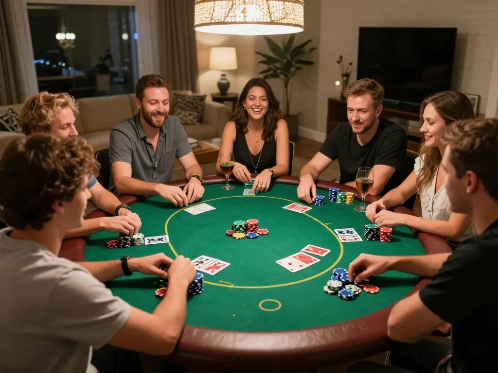 Friends enjoy a poker game at home, showcasing togel strategy in a friendly atmosphere.