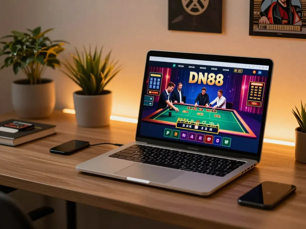 Experience exciting gameplay on DN88 online casino with a vibrant live dealer game interface on a laptop.