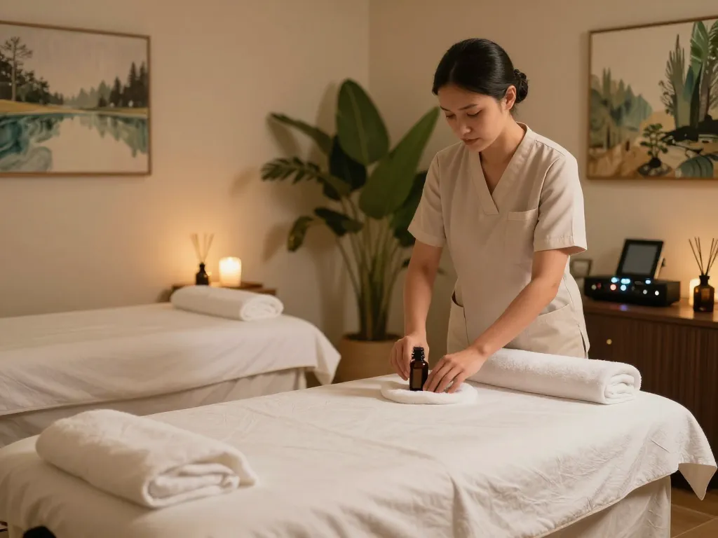 Calming 강남마사지 therapy room with a therapist preparing for a session, showcasing serene decor and relaxing atmosphere.