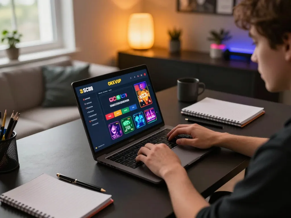 Person gaming on SC88 OKVIP platform from a stylish home office setup