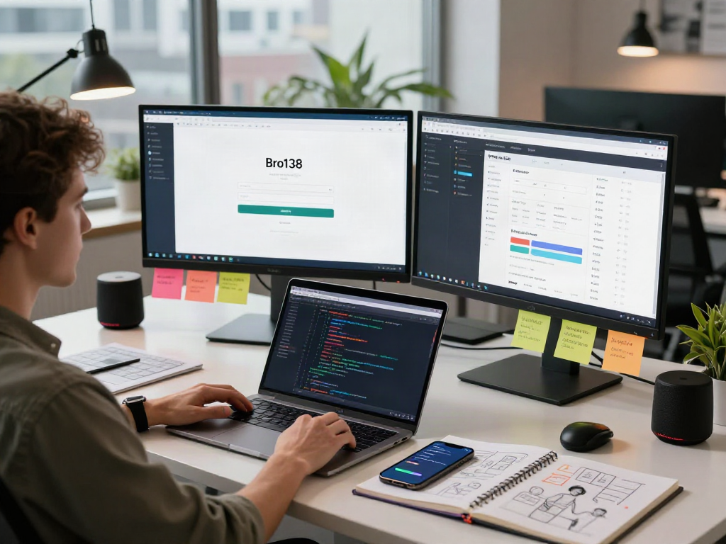 bro138 login interface displayed on monitors in a modern tech workspace, emphasizing user engagement and productivity.