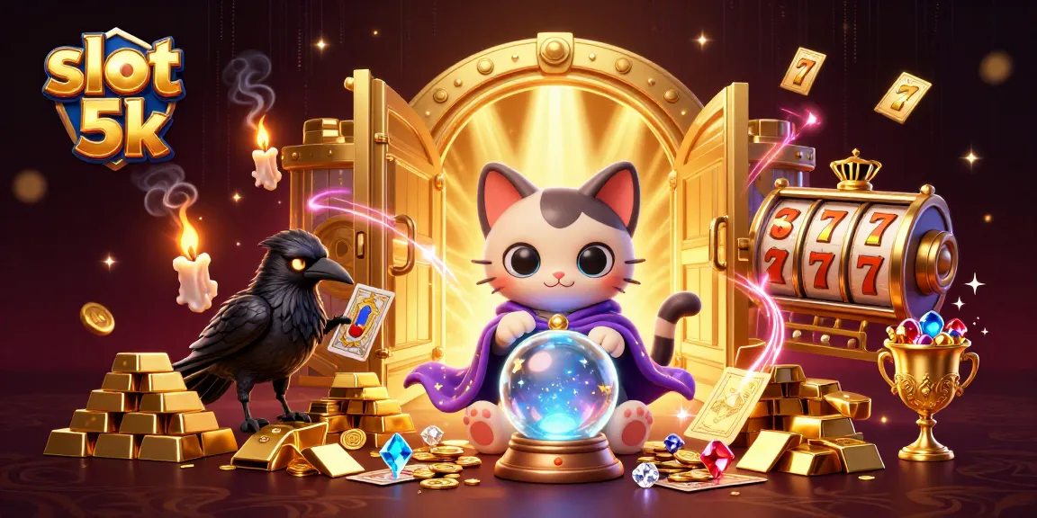 Spin the slot 5k reels with a mystic fortune teller and treasures in this vibrant casino scene.