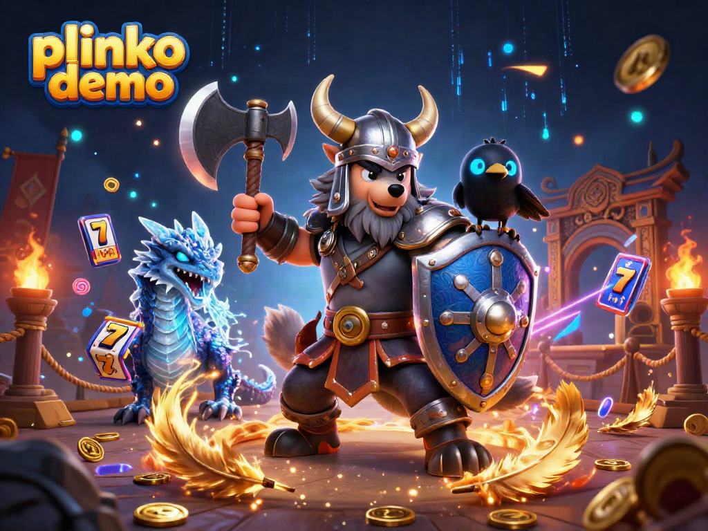 Play the exciting plinko demo with a dynamic Viking wolf warrior and dragon in a vivid casino scene.