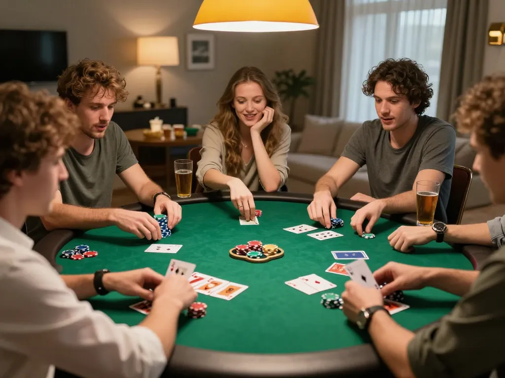 Situs togel players enjoying an intense home poker game, showcasing chips and cards.