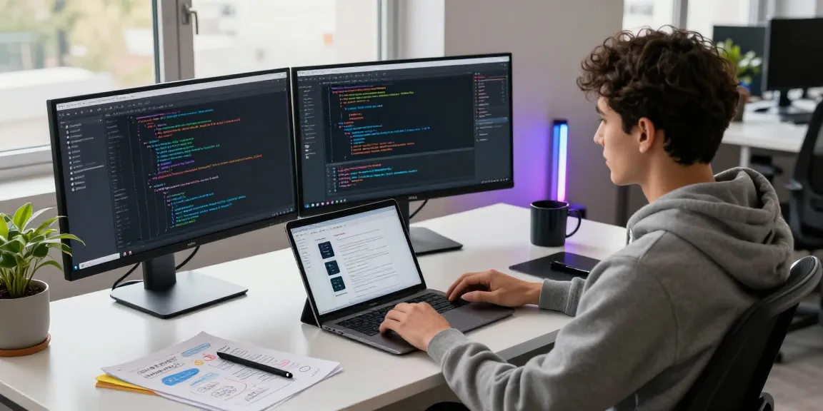 Workspace with developer using OpenClaw AI, coding on multiple screens with natural light and tech gadgets.