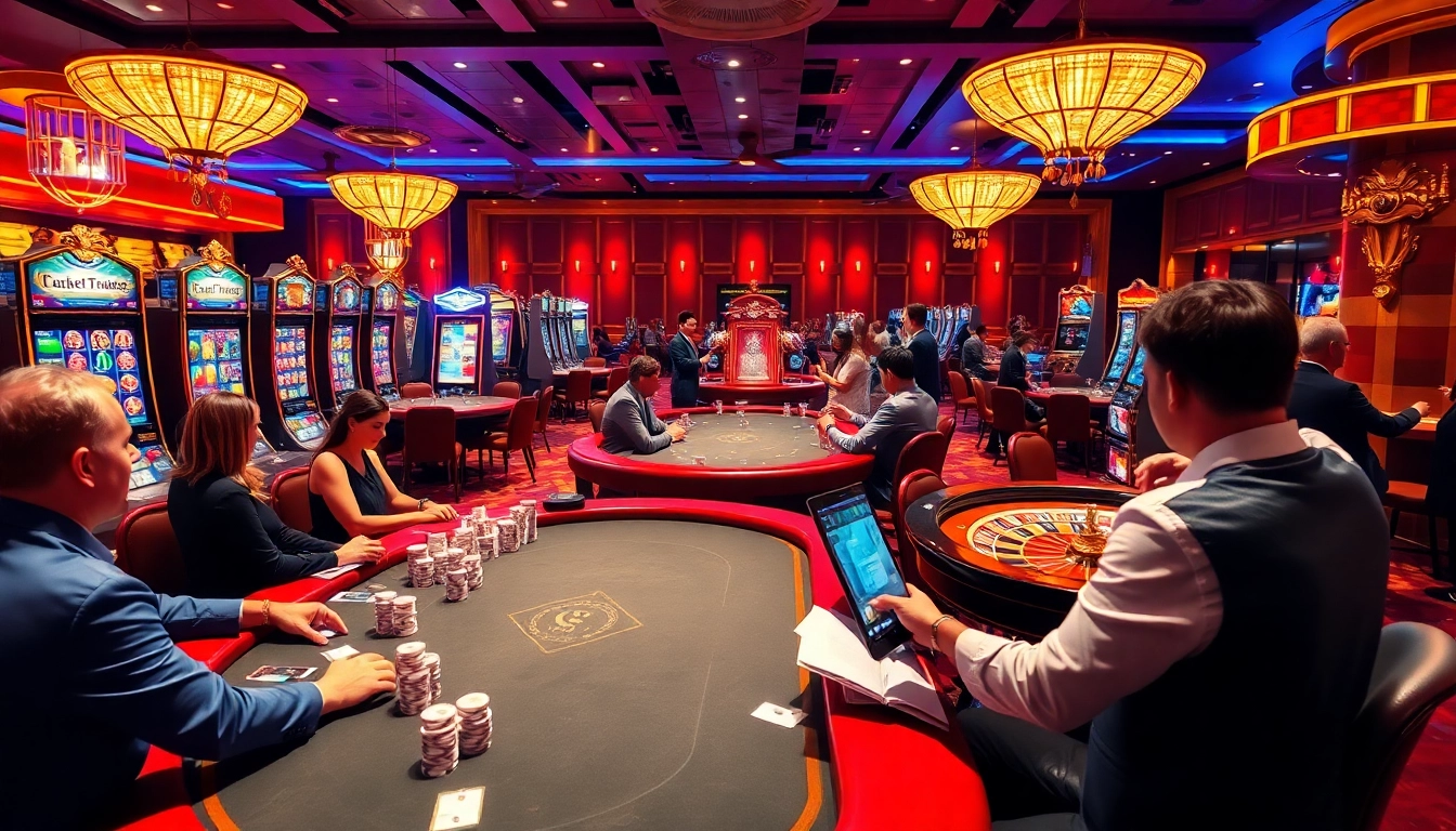 Découvrez l'excitation du casino en ligne Français avec des joueurs engagés autour de tables de poker luxueuses et de machines à sous vibrantes.