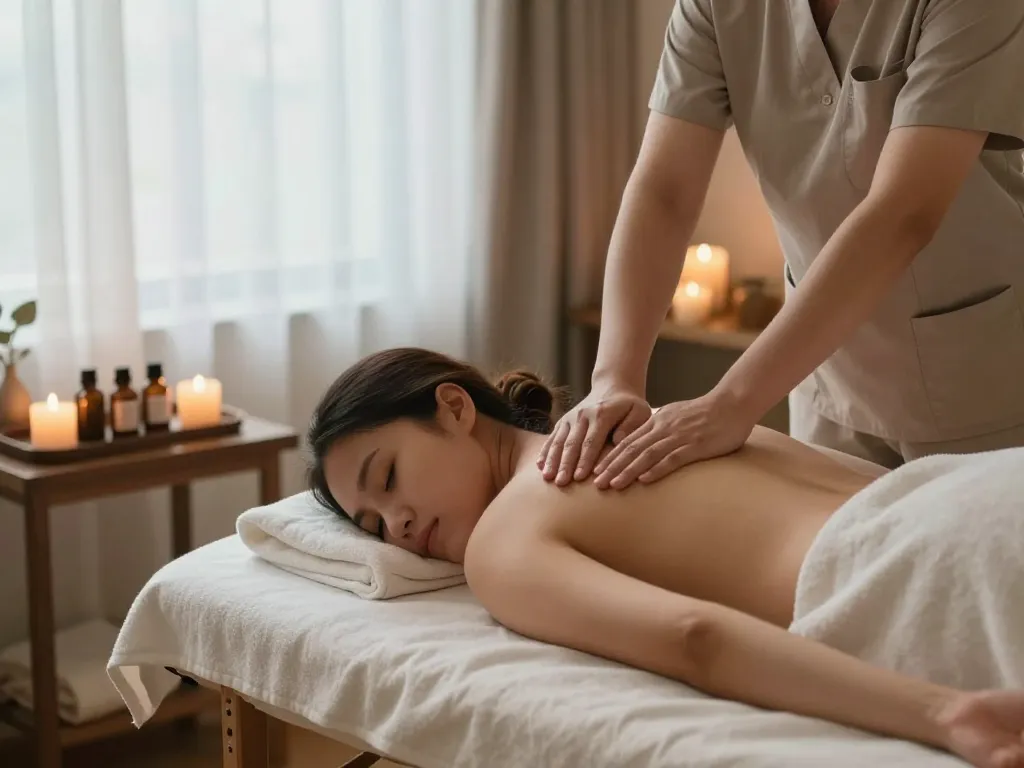 편안한 분위기와 진정 therapeutic가 있는 조용한 방에서의 강남마사지 세션.