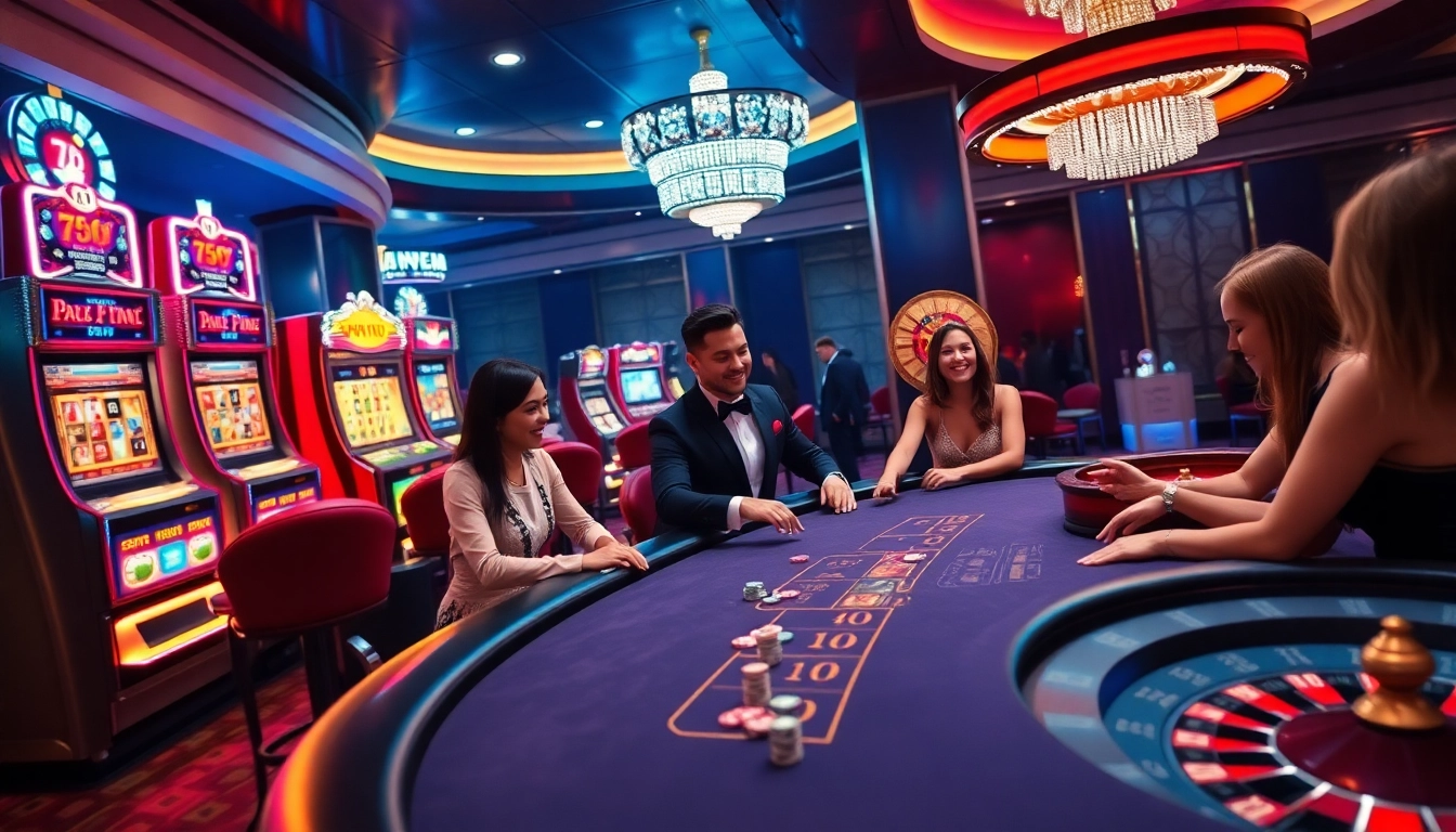 Experience the thrilling atmosphere of 7upbet casino gaming with players at stylish tables and exciting slot machines.