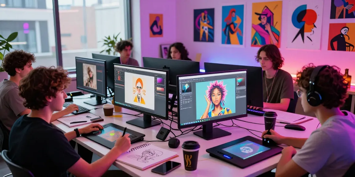 Creating AI NSFW art in a vibrant digital studio environment.