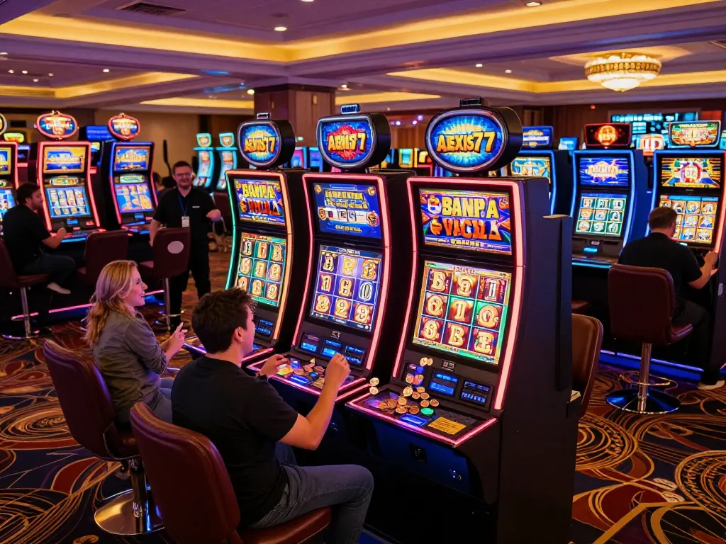 View of players celebrating a win on alexis77 slot machines in an upscale casino, vibrant colors and excitement.