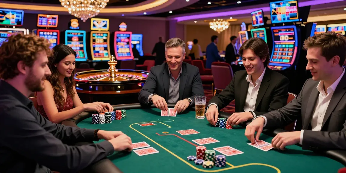 Exciting gambling lounge with friends playing poker and enjoying rokok88 daftar in a vibrant casino atmosphere.