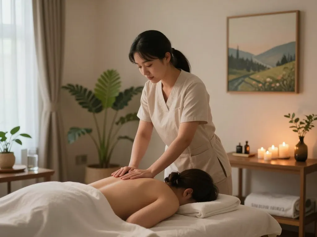 인천 출장마사지 session in a tranquil hotel room with a skilled therapist.