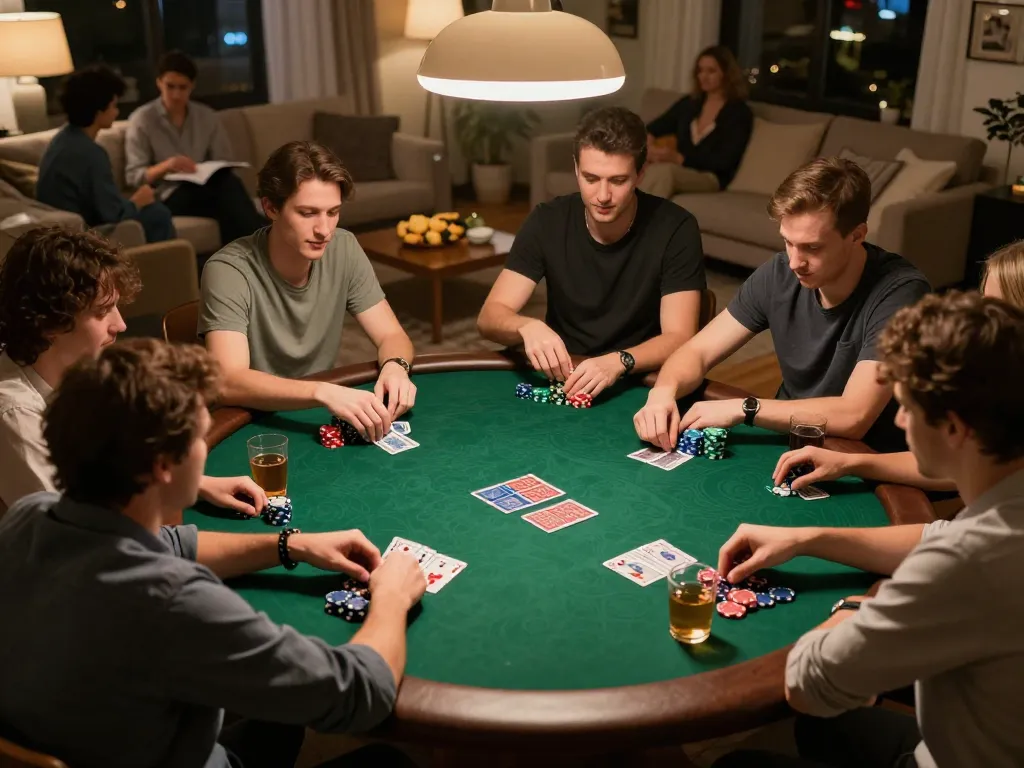 Players enjoying a competitive poker night at home, showcasing LLwin's engaging atmosphere with colorful chips and cards.