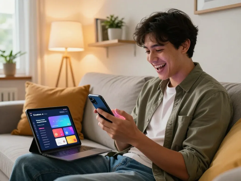 Engaging interaction with sex chat AI on smartphone in a cozy modern living room.