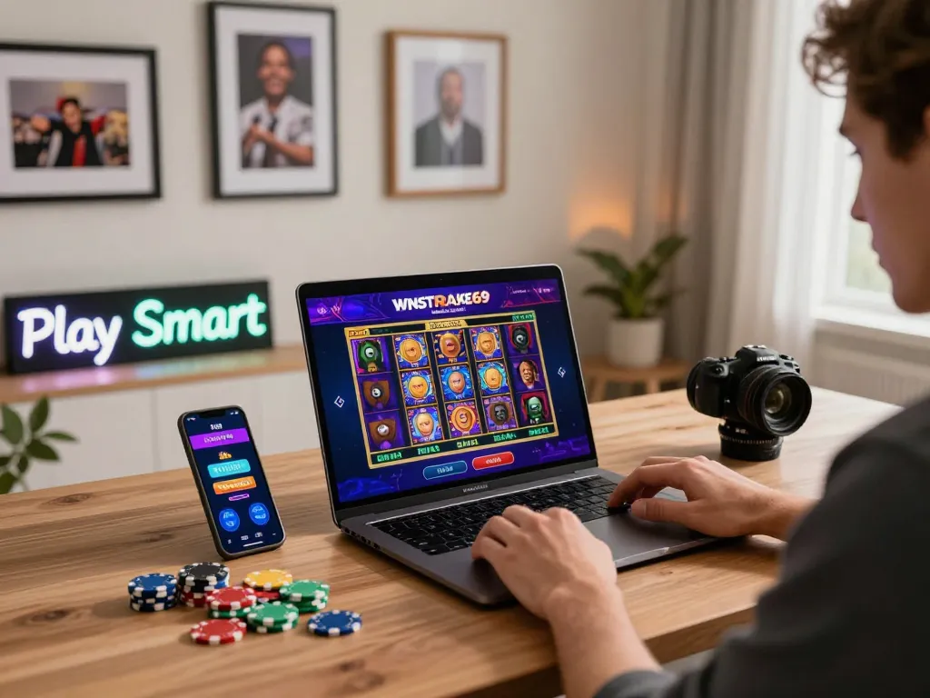 Player exploring Winstrike69 online slot games in a cozy home setting