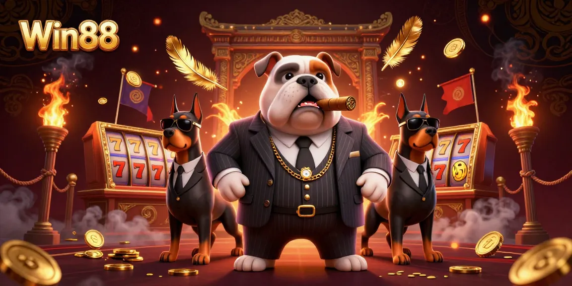 Win88 slot action featuring cartoon bulldog and Dobermans surrounded by vibrant casino elements.