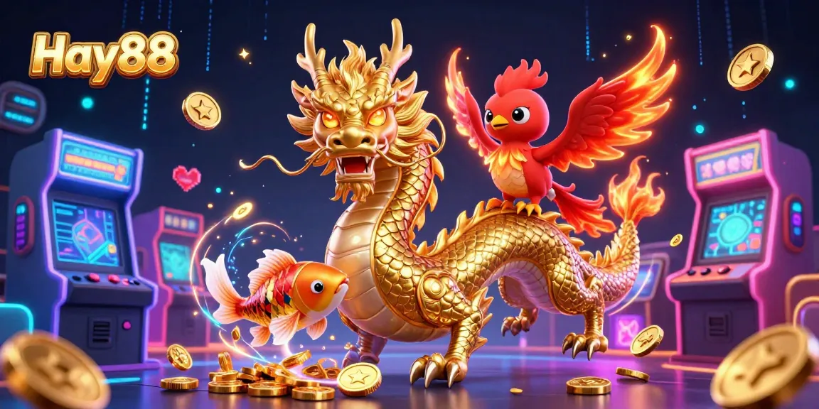 Engage with Hay88's vibrant gaming universe featuring a golden dragon, red phoenix, and koi fish amidst casino elements.