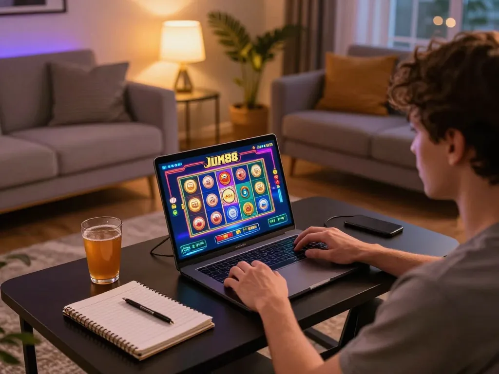 Player enjoying online Jun88 casino slot games in a cozy home setting.