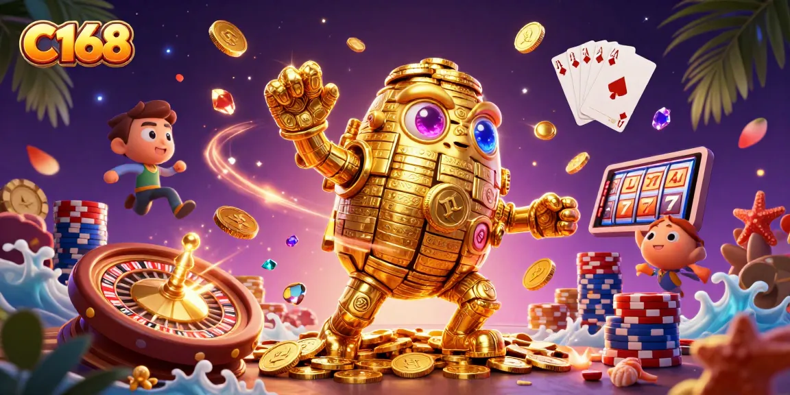 Experience C168's vibrant online casino thrills with a golden golem and sparkling game elements.