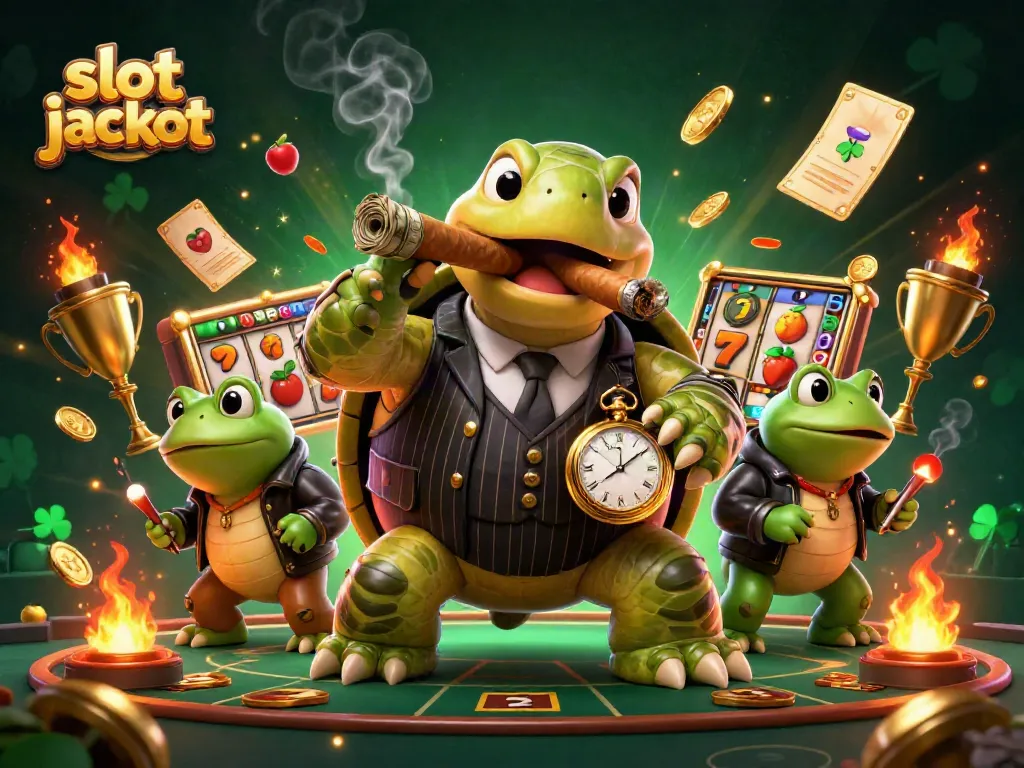Experience the excitement of slot jackpot games with a vibrant 3D illustration featuring dynamic characters.