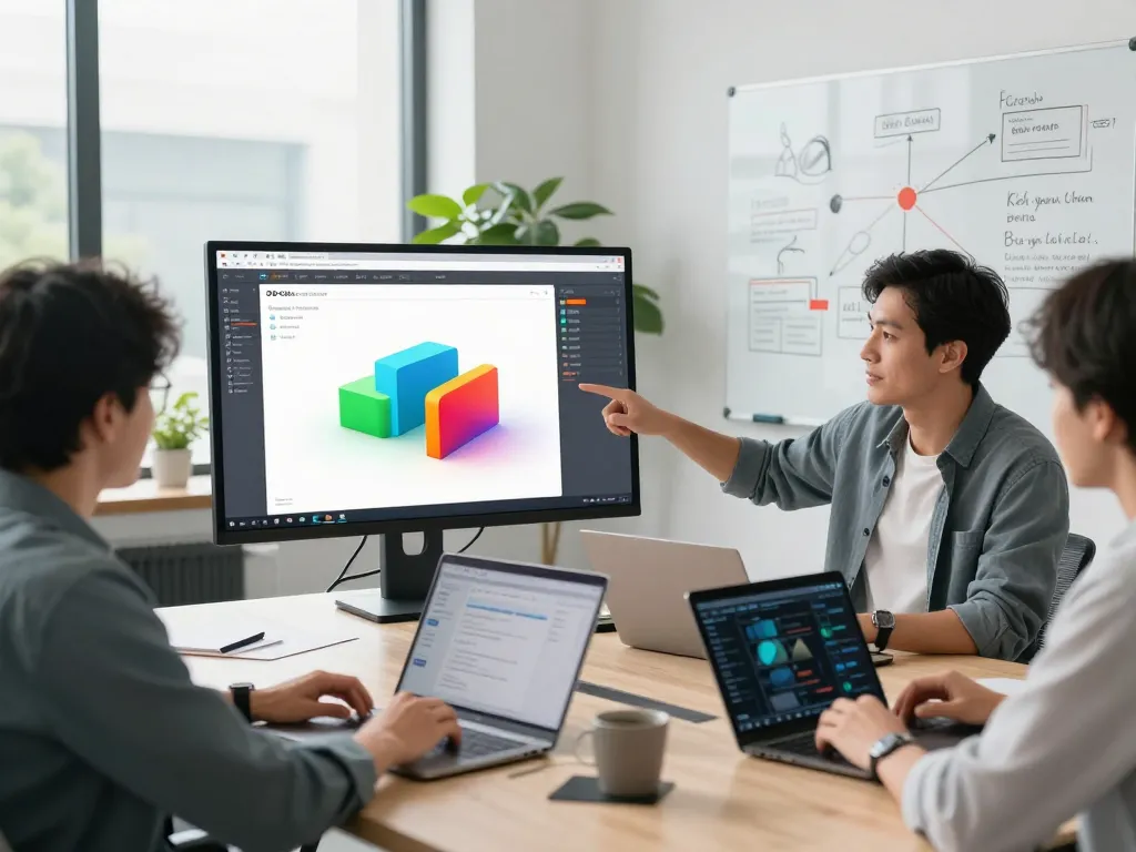Demonstration of 3D product configurator software in a modern office with developers collaborating.