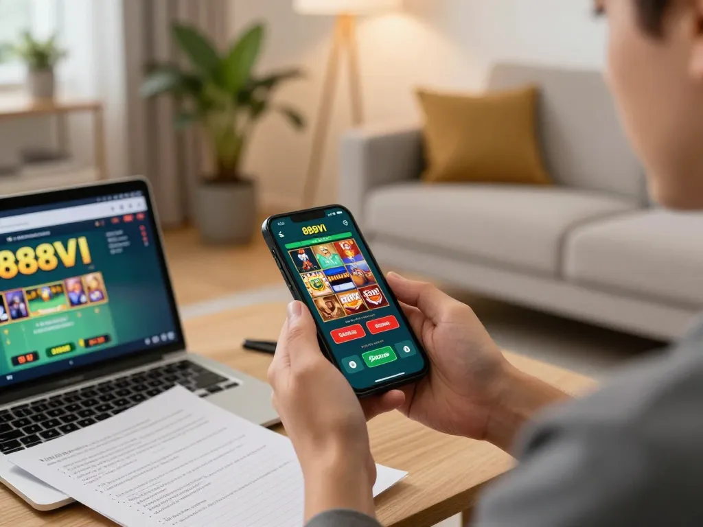 Player exploring the 888VI gambling app on smartphone in a cozy home setting, emphasizing responsible gaming practices.