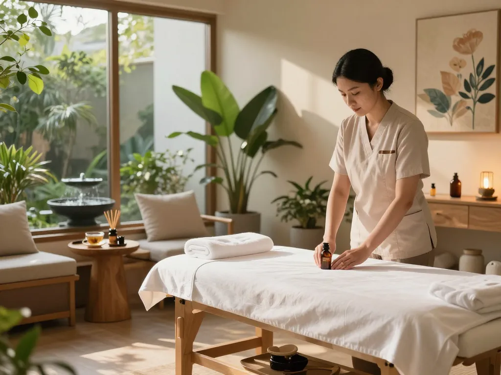 Relaxing wellness spa interior with a Swedish massage setup at https://www.makangs.com/region/국내/서울-/마사지-스웨디시, featuring calming decor and soft lighting.