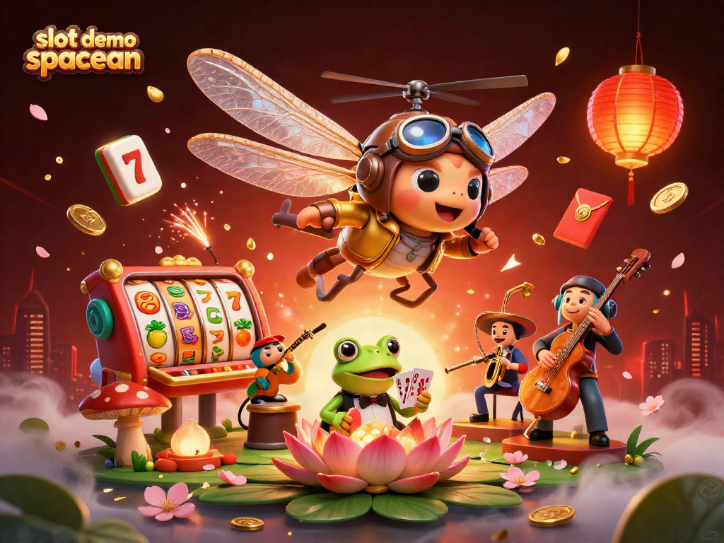 Experience the excitement of slot demo spaceman in this vibrant casino scene with dragonfly pilot and frog dealer.