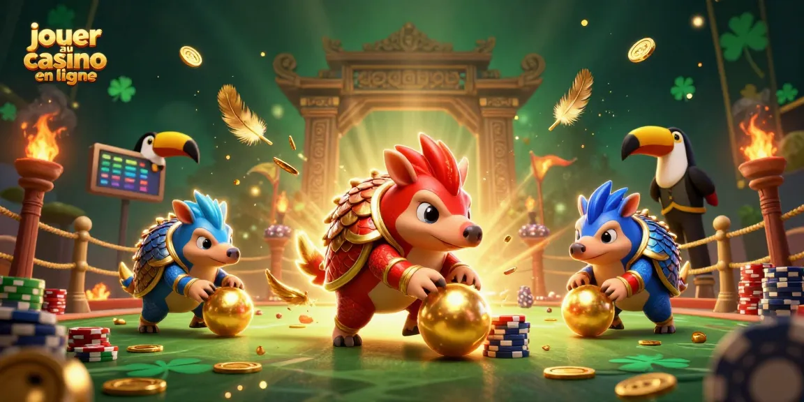 Jouer au casino en ligne avec des pangolins rivalisant dans un décor d'or et de poker, ambiance festive.