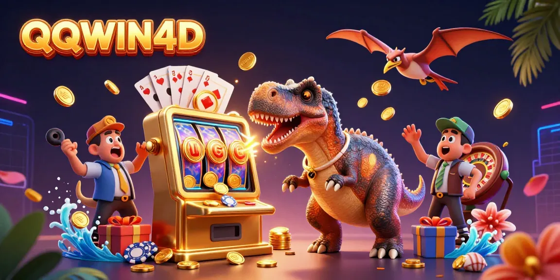 Permainan QQWIN4D, dinamis dengan dinosaurus yang menyerang mesin slot berkilau, koin emas bertebaran.