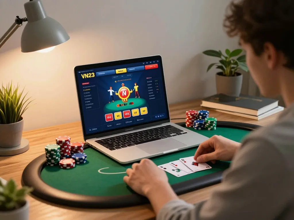 Engaged player maximizing winning strategies on VN23 casino app during an online poker game.
