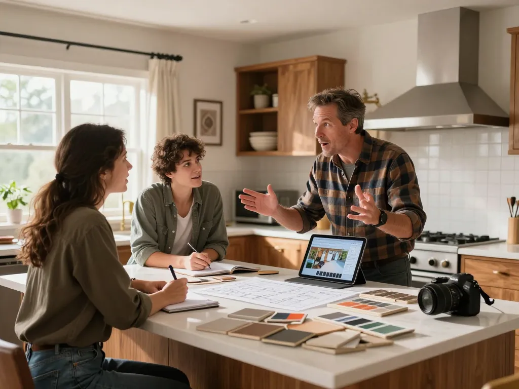 Home remodeling conversation in a kitchen, showcasing design samples and contractor guidance.