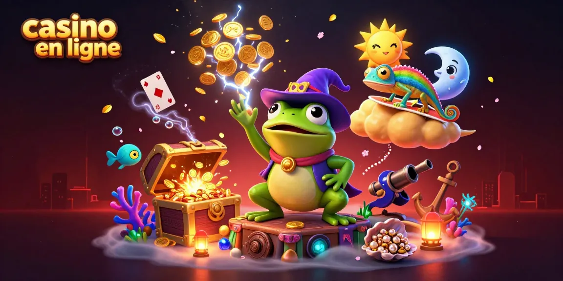 Visualisation d'une scène de casino en ligne avec une grenouille sorcière créant une tempête de pièces d'or et un caméléon sur un nuage doré.