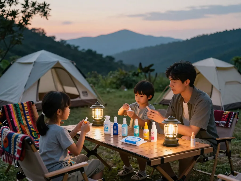 Family preparing to apply mosquito repellent at campsite, showcasing mosquito repellent products and natural outdoor setting.