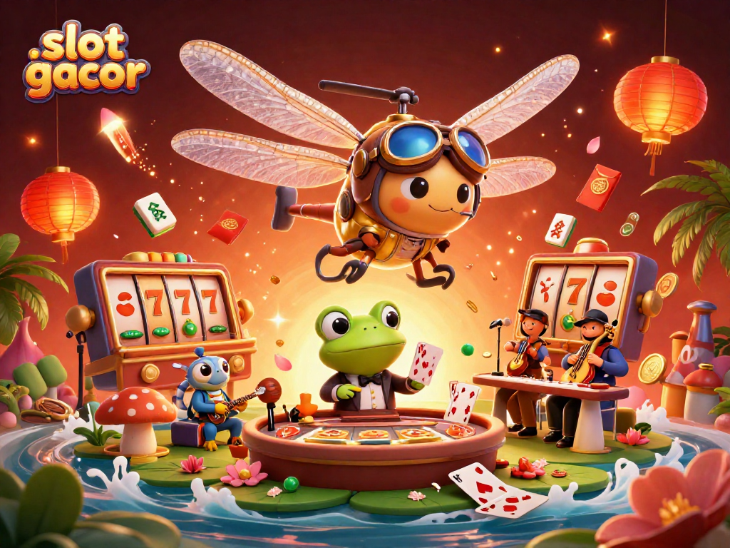 Engage in thrilling slot gacor action with vibrant characters and casino elements at a lily pad casino.