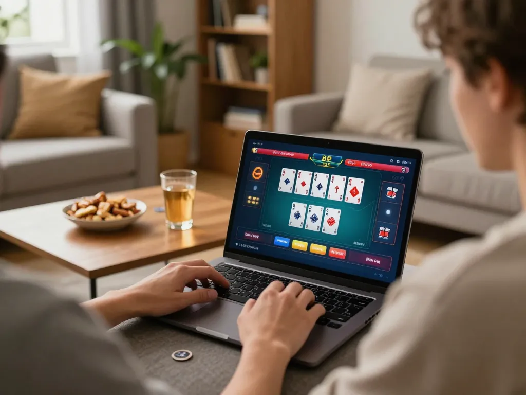 Leci123 site showcasing engaged poker gameplay on a laptop in a cozy home environment