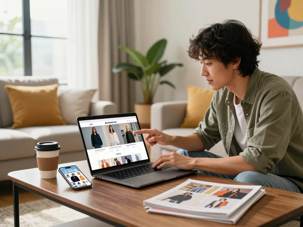 Engaged customer shopping on shs-dome5.com in a modern living room, highlighting online fashion experience.