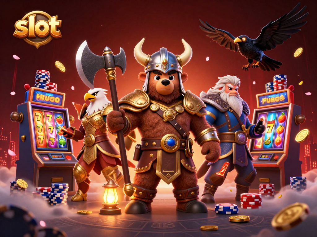 Spin the exciting slot machines with Viking and eagle warriors in a captivating casino scene.