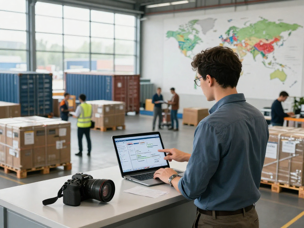 Effizienter europaweiter Transport von Dortmund, Logistikfachmann koordiniert Sendungen in einem lebhaften Logistikzentrum.